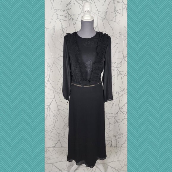 Miss Sixty Black 100% Silk Chiffon Ruffle Sheer Zipper Off Maxi Dress - Picture 1 of 7